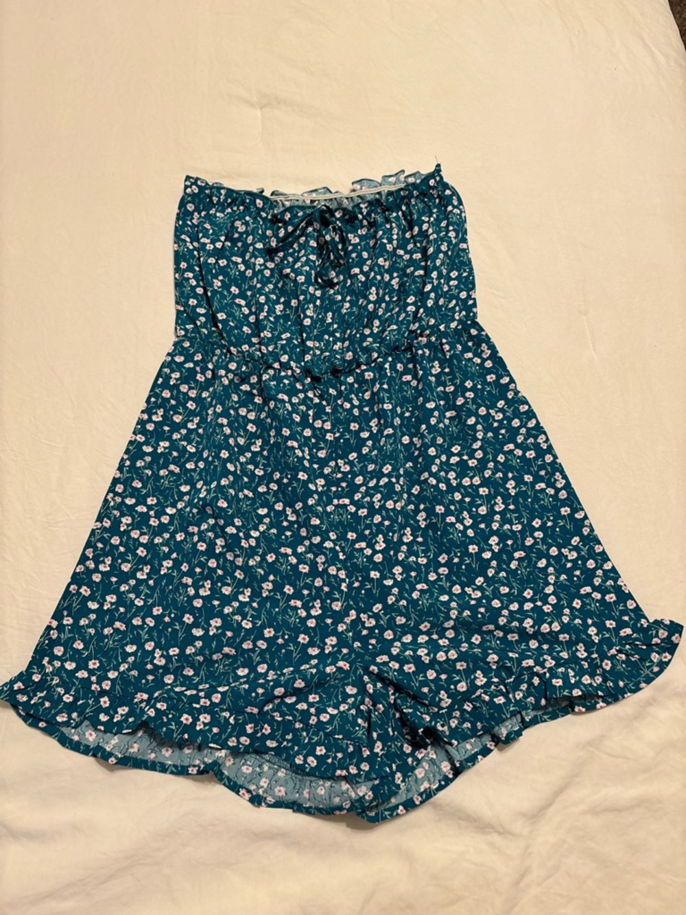 Teal Floral Strapless Romper